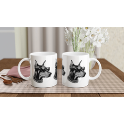 Gangster Dog Mug Gift For Him: two glossy white ceramic mugs featuring a black-and-white gangster dog in sunglasses.