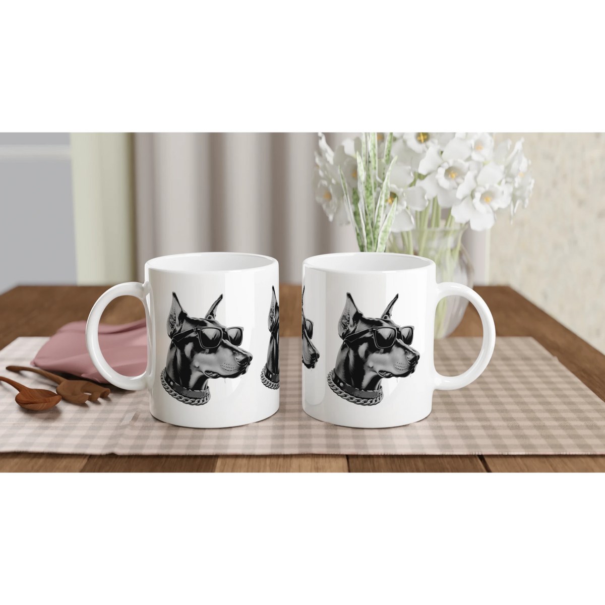Gangster Dog Mug Gift For Him: two glossy white ceramic mugs featuring a black-and-white gangster dog in sunglasses.