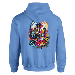 Blue men's hoodie featuring a colorful back print with a turbocharger, palm trees, and "ON BOOST" text for petrolhead streetwear style.