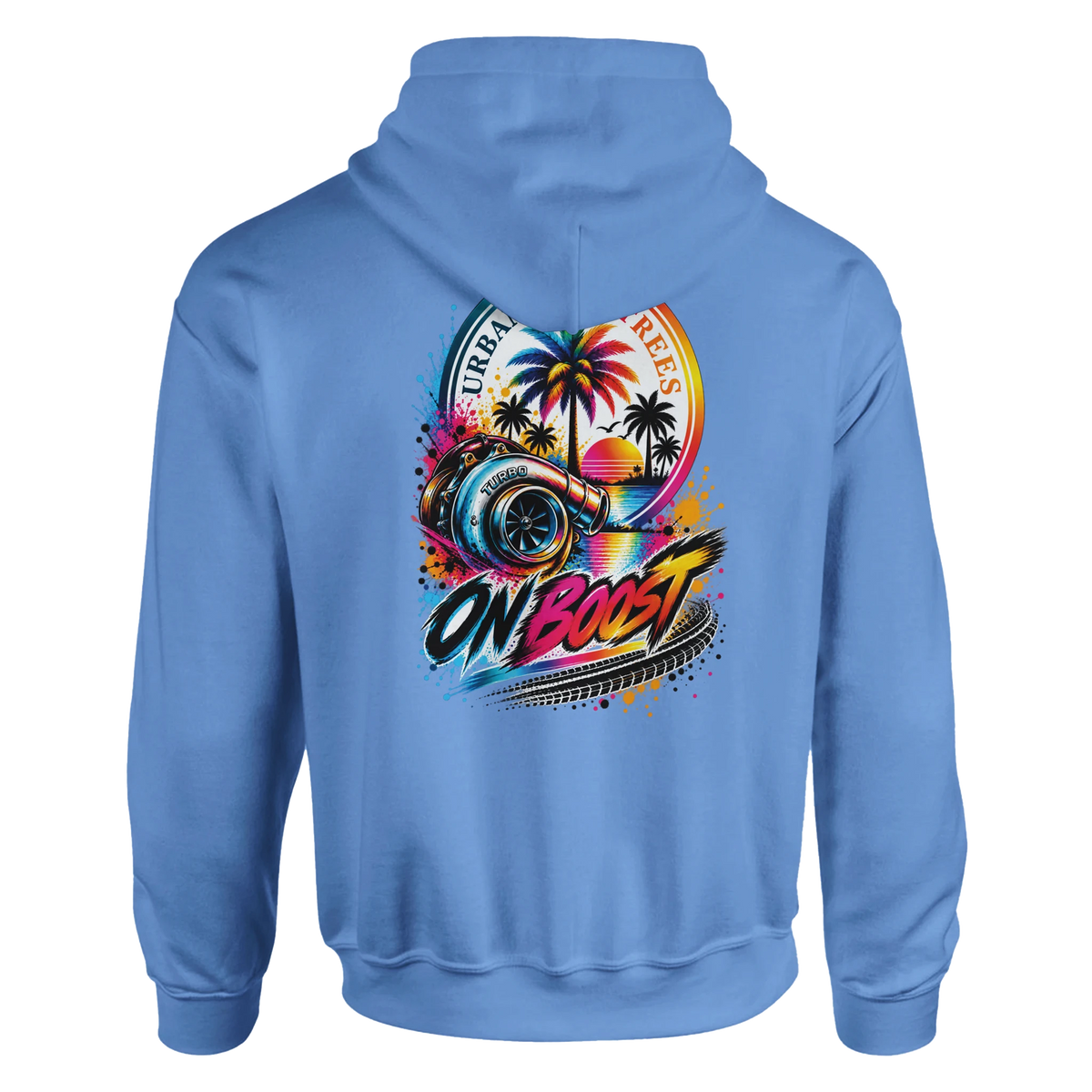 Blue men's hoodie featuring a colorful back print with a turbocharger, palm trees, and "ON BOOST" text for petrolhead streetwear style.