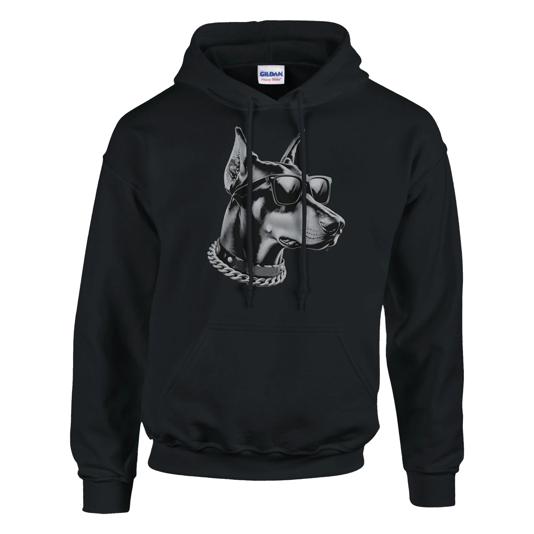 Black hoodie with gangster dog graphic wearing sunglasses and a chain, front pocket, soft cotton blend.