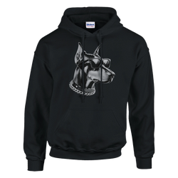 Black hoodie with gangster dog graphic wearing sunglasses and a chain, front pocket, soft cotton blend.