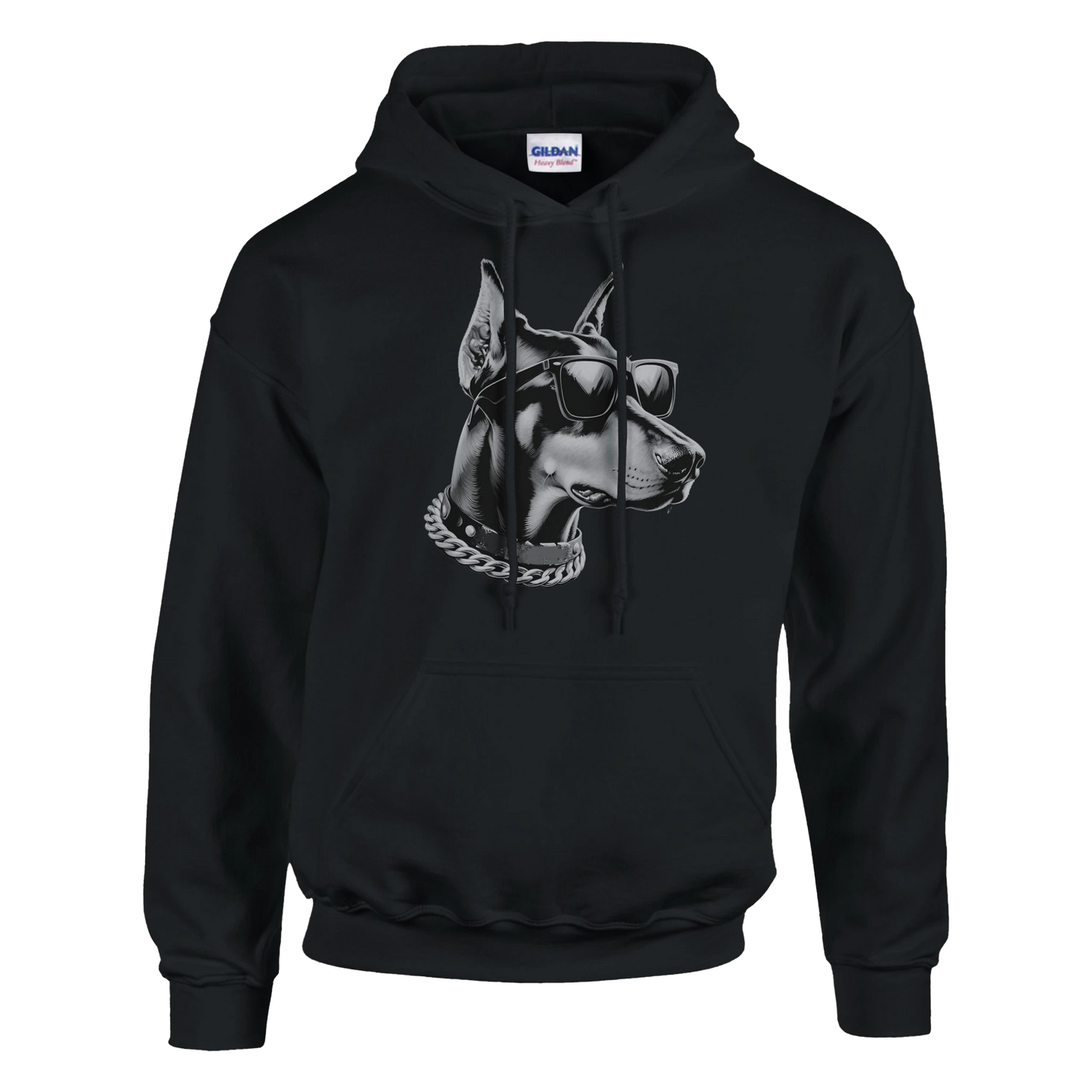 Black hoodie with gangster dog graphic wearing sunglasses and a chain, front pocket, soft cotton blend.