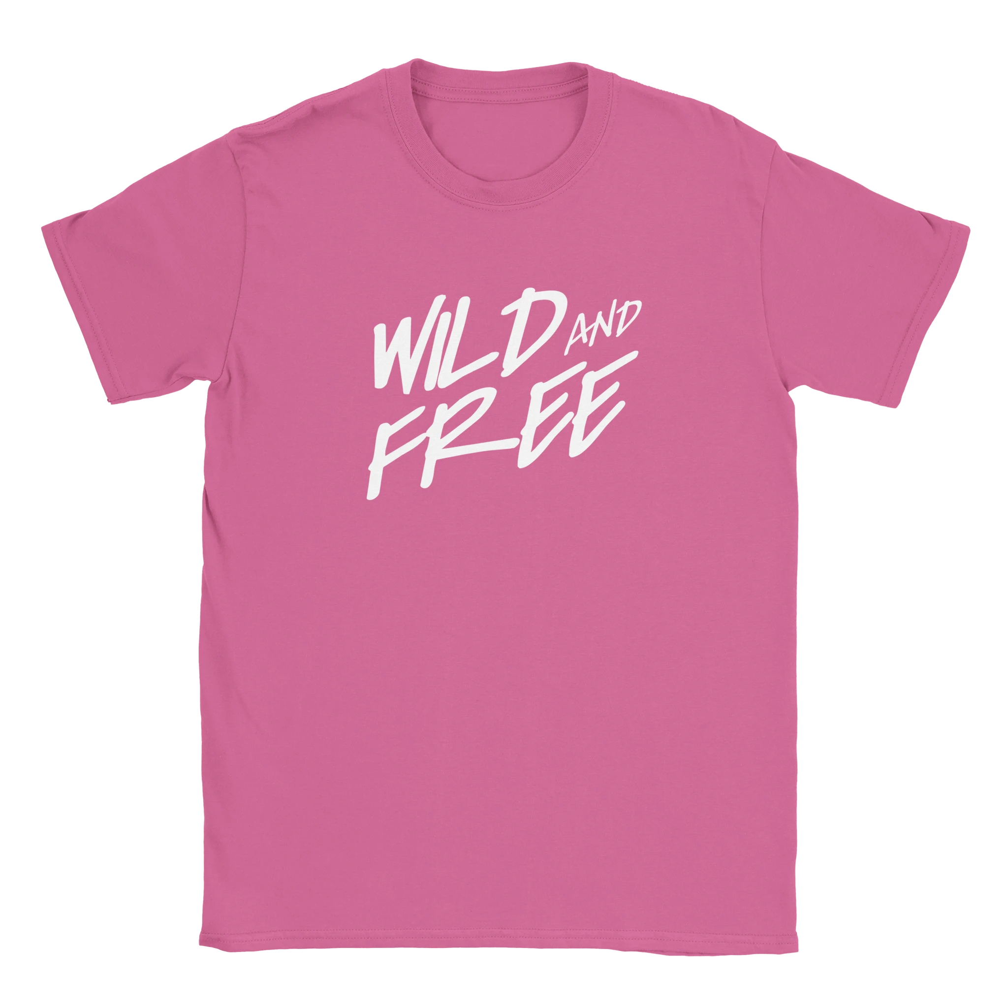 Pink women's retro-style short-sleeve T-shirt with bold white WILD AND FREE lettering.