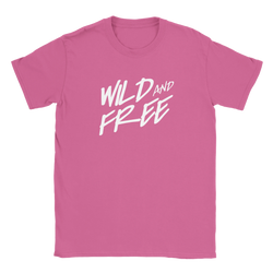 Pink women's retro-style short-sleeve T-shirt with bold white WILD AND FREE lettering.