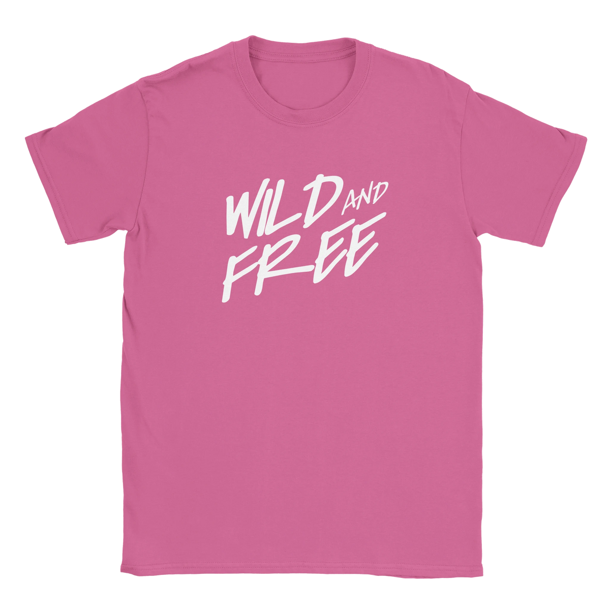 Pink women's retro-style short-sleeve T-shirt with bold white WILD AND FREE lettering.