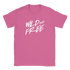 Pink women's retro-style short-sleeve T-shirt with bold white WILD AND FREE lettering.