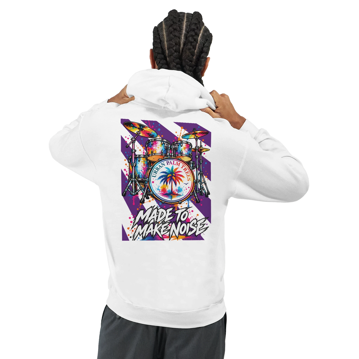 White men's hoodie back print featuring a colorful retro drum kit graphic with palm tree and "Made To Make Noise" text.