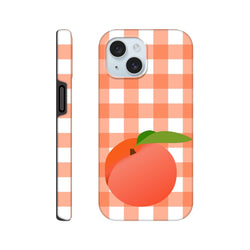 Peach fruit illustration on a retro peach and white gingham iPhone case with full wraparound checkered pattern.