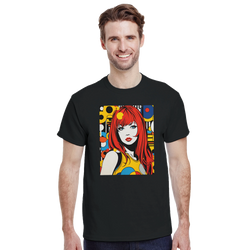 Black men's t-shirt featuring a colorful 70s retro pop art girl graphic with red hair and bold geometric patterns.
