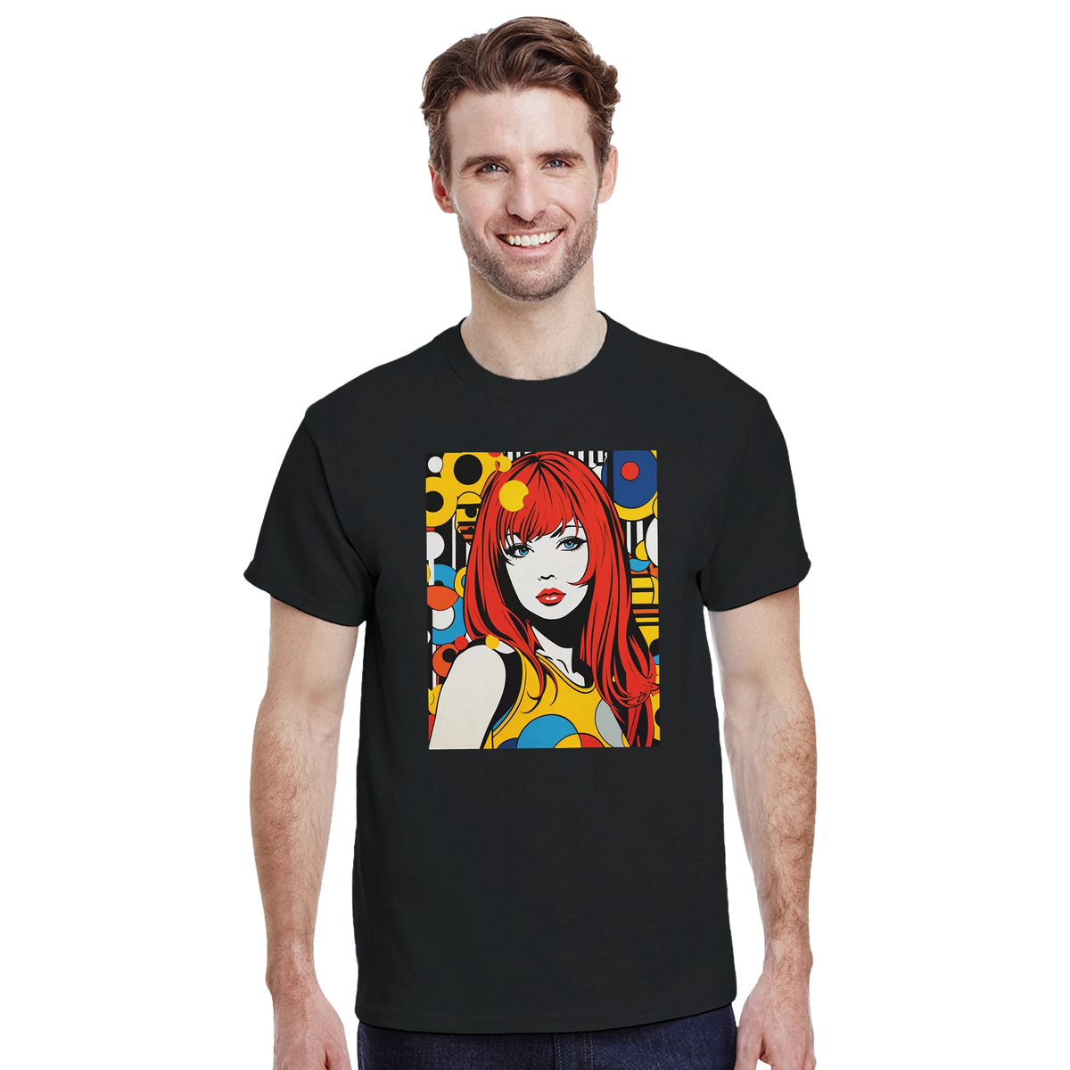 Black men's t-shirt featuring a colorful 70s retro pop art girl graphic with red hair and bold geometric patterns.
