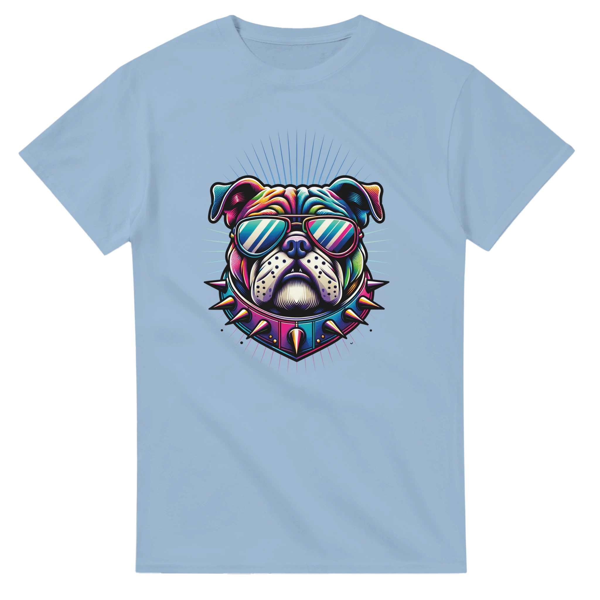 Men's dog graphic tee: colorful bulldog wearing sunglasses and a spiked collar on light blue fabric