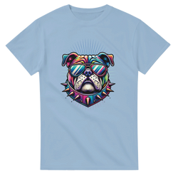Men's dog graphic tee: colorful bulldog wearing sunglasses and a spiked collar on light blue fabric