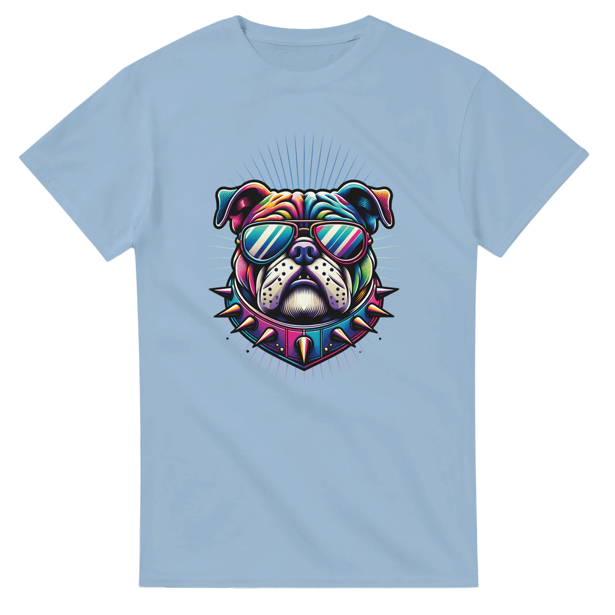 Men's dog graphic tee: colorful bulldog wearing sunglasses and a spiked collar on light blue fabric