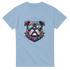 Men's dog graphic tee: colorful bulldog wearing sunglasses and a spiked collar on light blue fabric