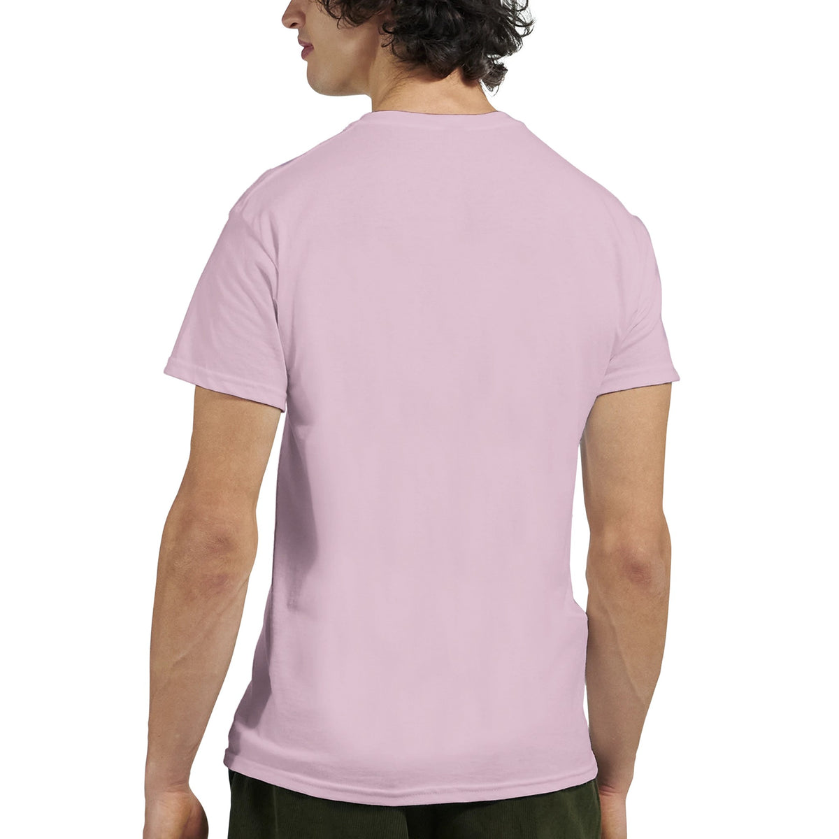 Back view of a pink cotton-blend short-sleeve men's T-shirt on a model.