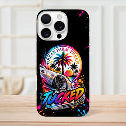 Tucked Petrolhead iPhone case featuring modified car, colorful palm trees, and Urban Palm Trees sunset graphic with splatter art.