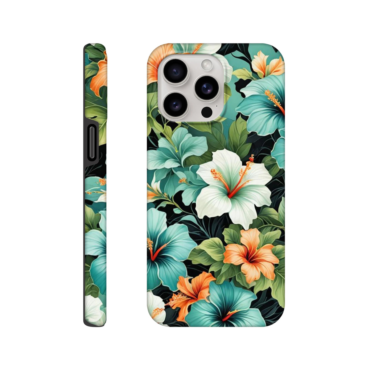 Tropical hibiscus floral iPhone case featuring white, teal, and orange flowers on a dark background with shock-absorbing protection