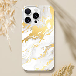 Luxury white and gold marble iPhone case featuring an abstract fluid art pattern with metallic gold accents on a sleek white background.