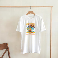 White cotton-blend women's Tropical Cocktail graphic T-shirt with colorful island cocktail print.