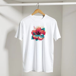White women's hibiscus T-shirt with vibrant tropical floral print on a wooden hanger, retro summer style.