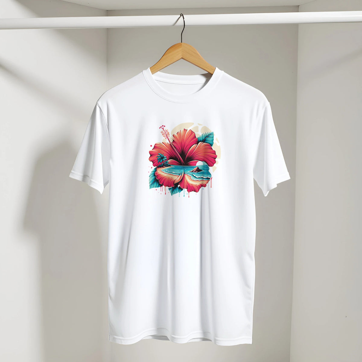 White women's hibiscus T-shirt with vibrant tropical floral print on a wooden hanger, retro summer style.