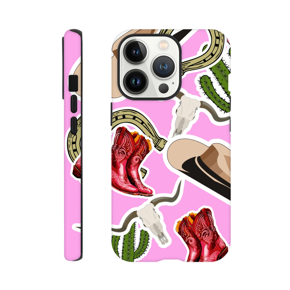 Pink western iPhone case featuring red cowboy boots, cactus, horseshoe, and longhorn skull desert motifs.