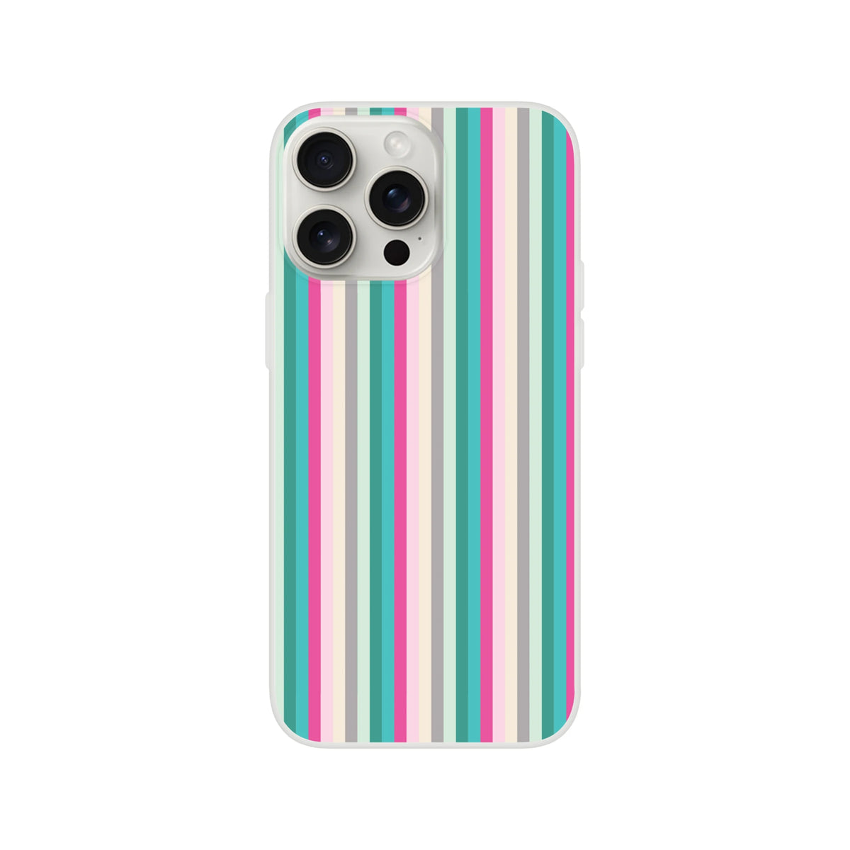Pastel-striped iPhone case for 13-16 with teal, pink, and beige stripes.