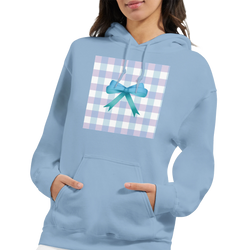 Light blue coquette hoodie featuring a pastel gingham square graphic with a teal bow detail on the front pocket pullover.