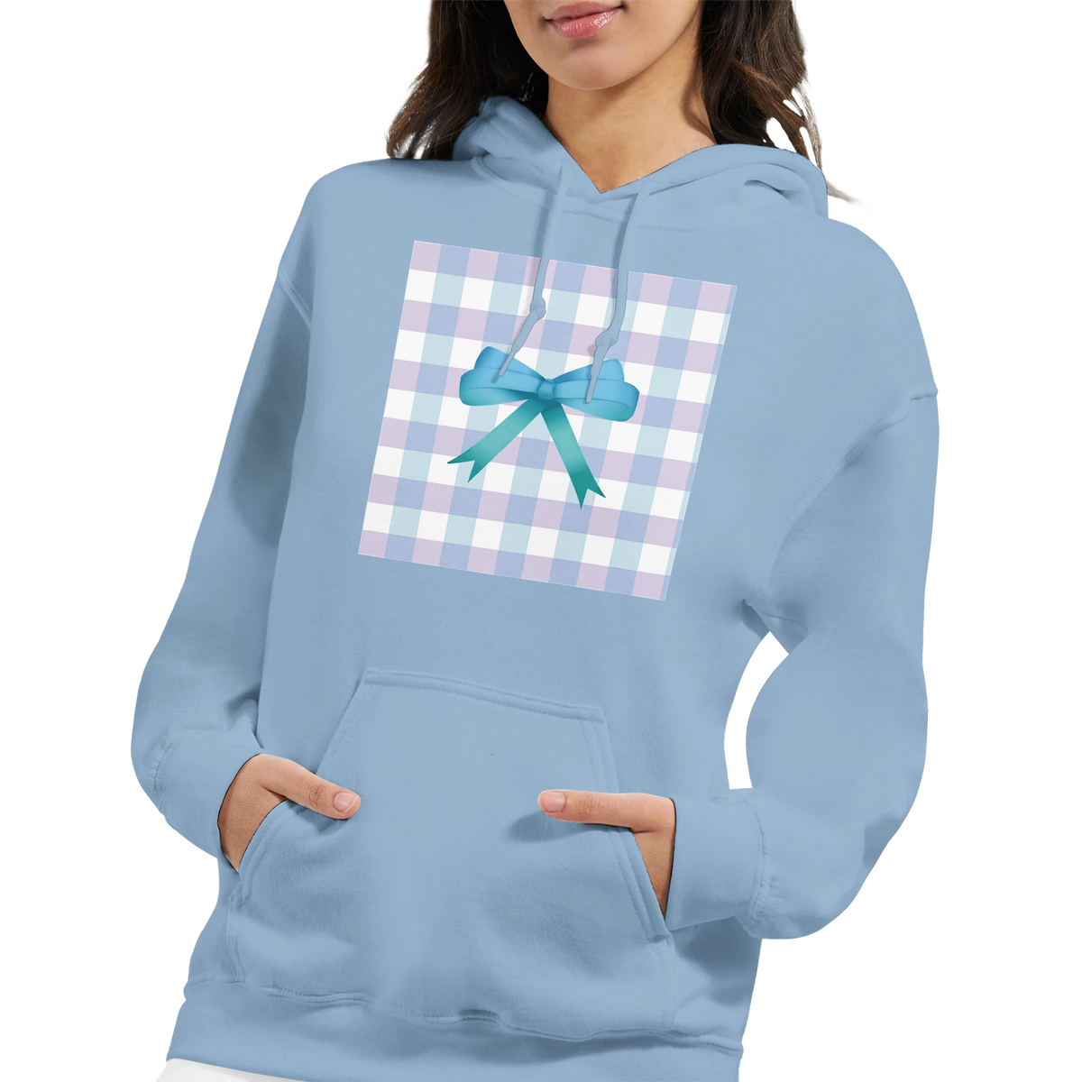 Light blue coquette hoodie featuring a pastel gingham square graphic with a teal bow detail on the front pocket pullover.