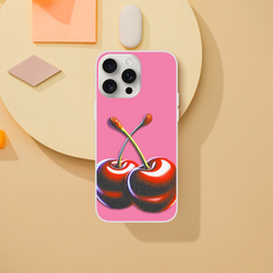 Retro Cherries iPhone case for iPhone 13-16, pink cherry design, Y2K aesthetic, slim matte TPU.