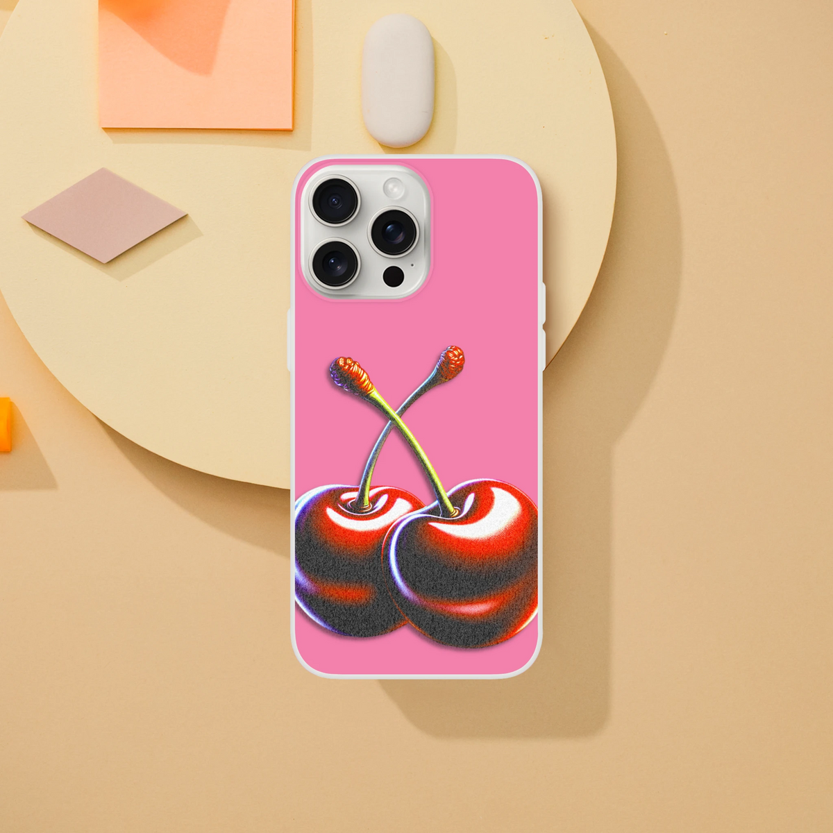 Retro Cherries iPhone case for iPhone 13-16, pink cherry design, Y2K aesthetic, slim matte TPU.