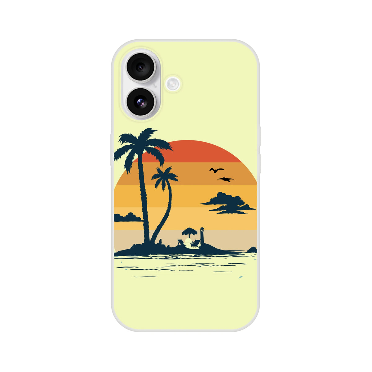 Retro Beach iPhone Case (13-16) featuring palm trees and a sunset beach scene.