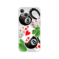 Transparent iPhone case featuring lucky charm graphics including an 8-ball, horseshoe, clover, and ace of hearts.