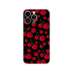 Black iPhone case featuring a retro red cherry pattern with green stems and a white bumper for shock absorption.