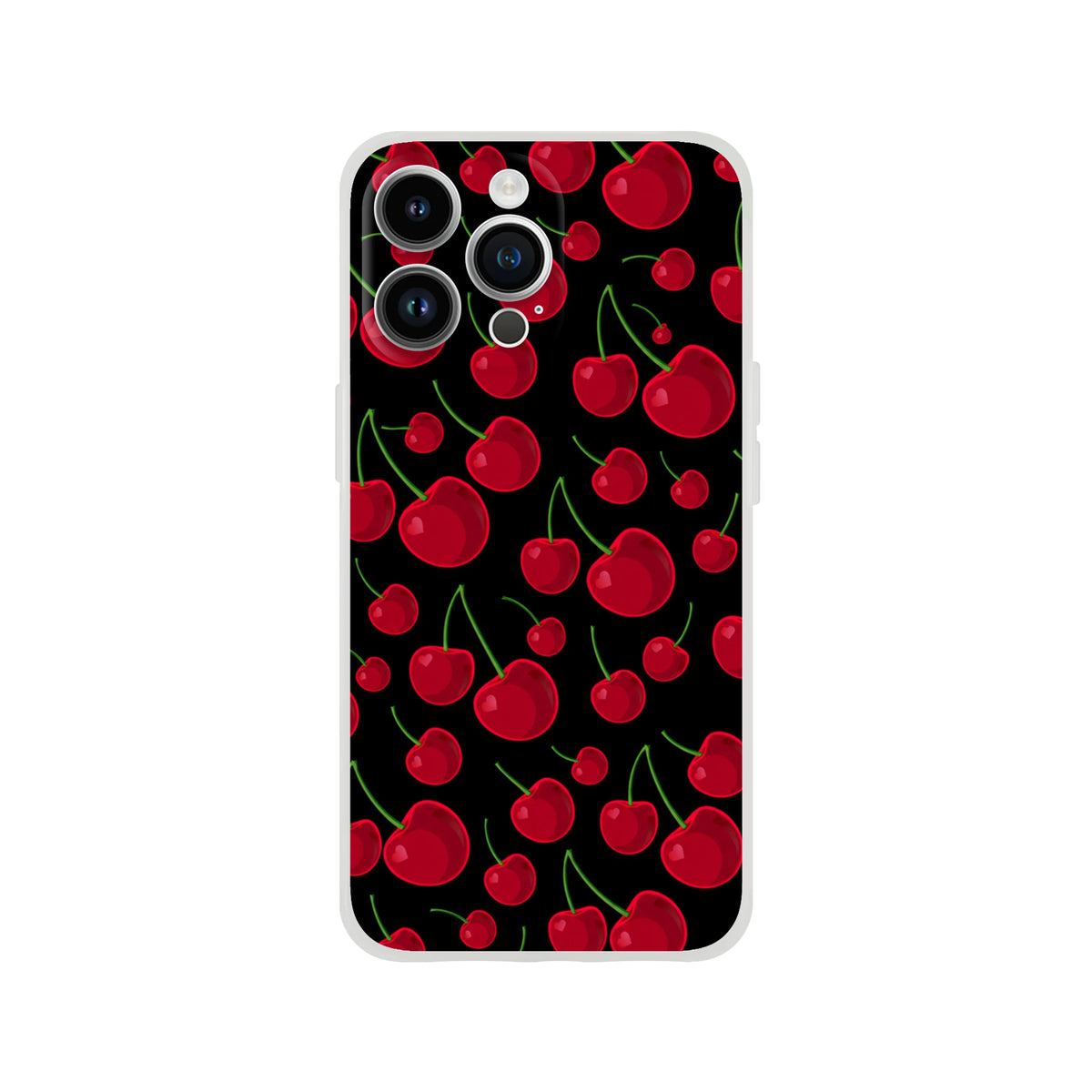 Black iPhone case featuring a retro red cherry pattern with green stems and a white bumper for shock absorption.