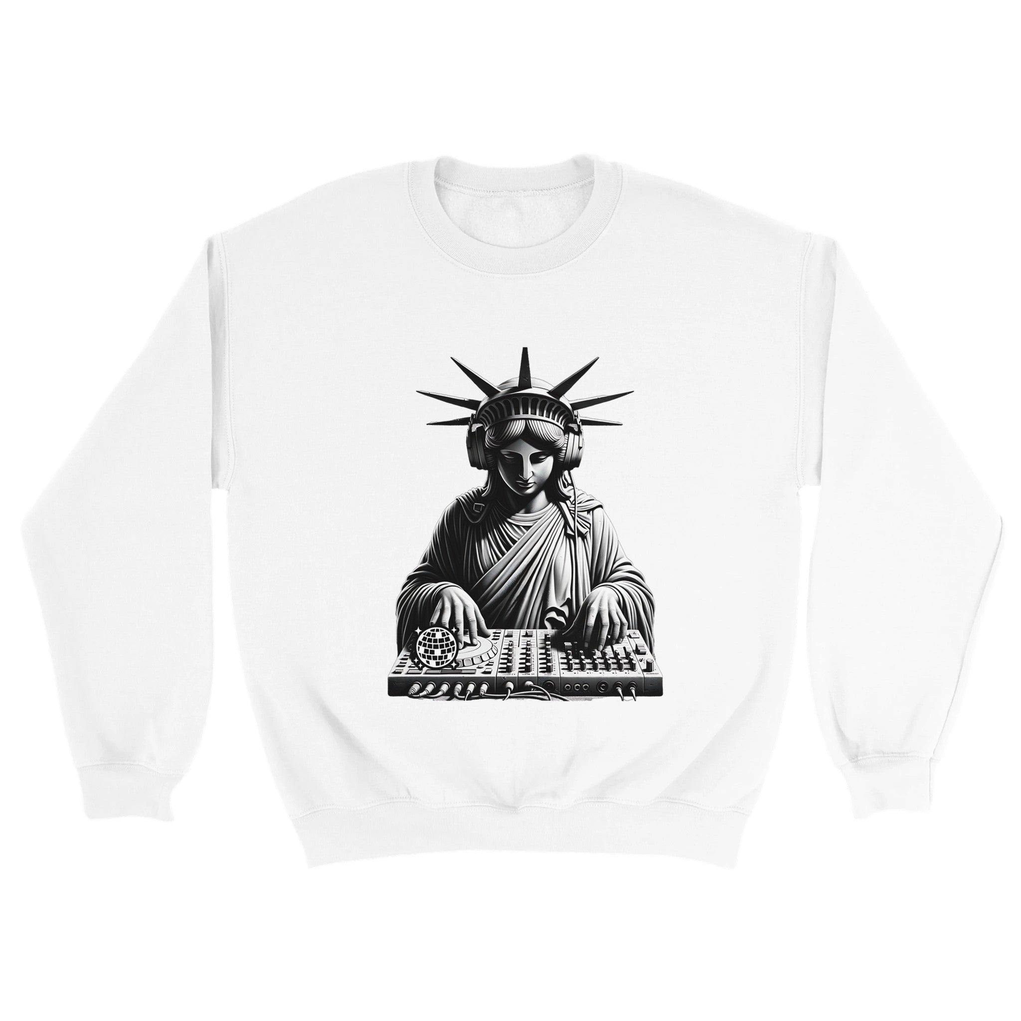 White cotton blend DJ Club men's graphic sweatshirt with Statue of Liberty wearing headphones at a DJ mixer.