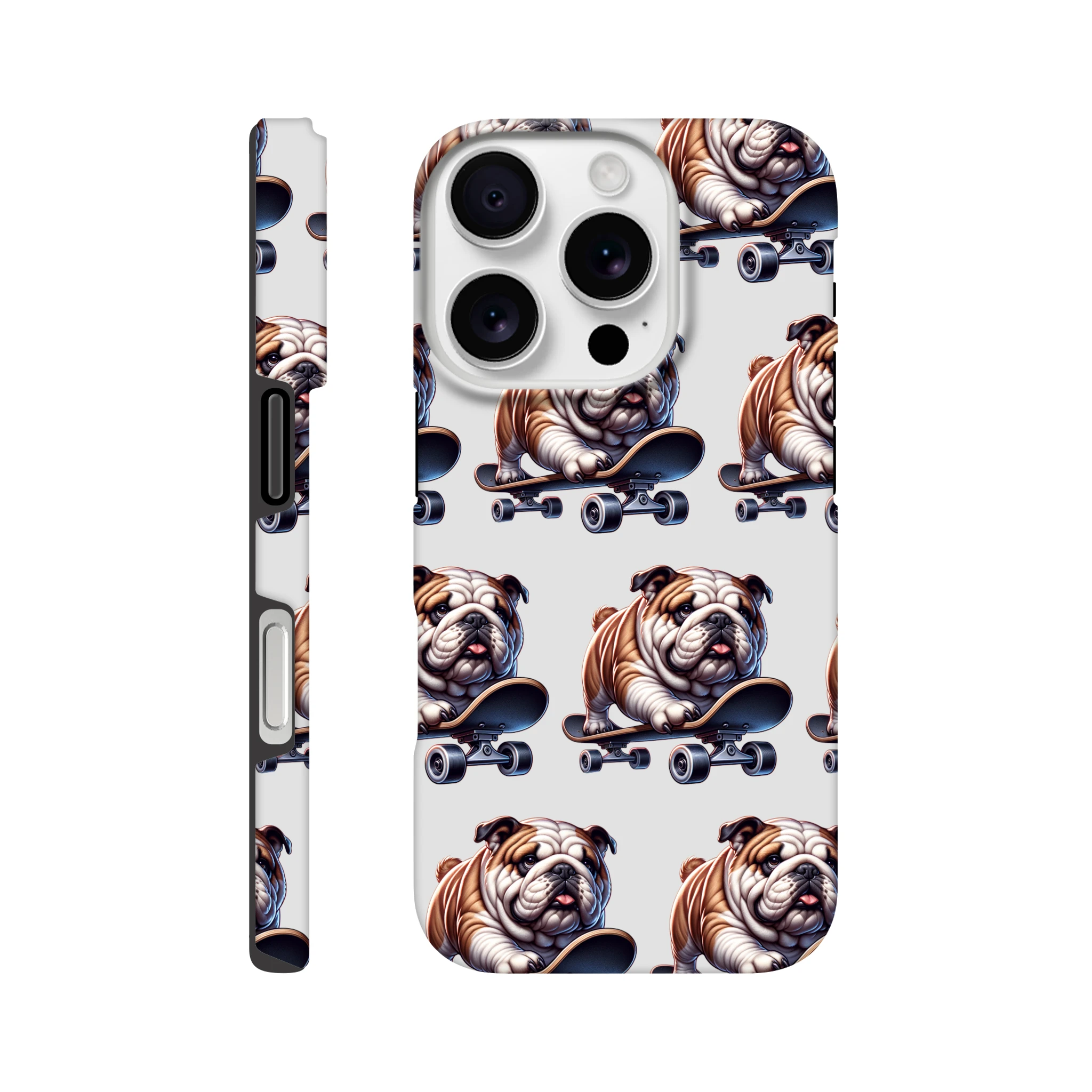 Bulldog skateboard pattern iPhone case with dual-layer protection and wraparound print for iPhone 16-13
