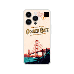 Vintage postcard-style iPhone case featuring the Golden Gate Bridge, San Francisco, and stamp motif.