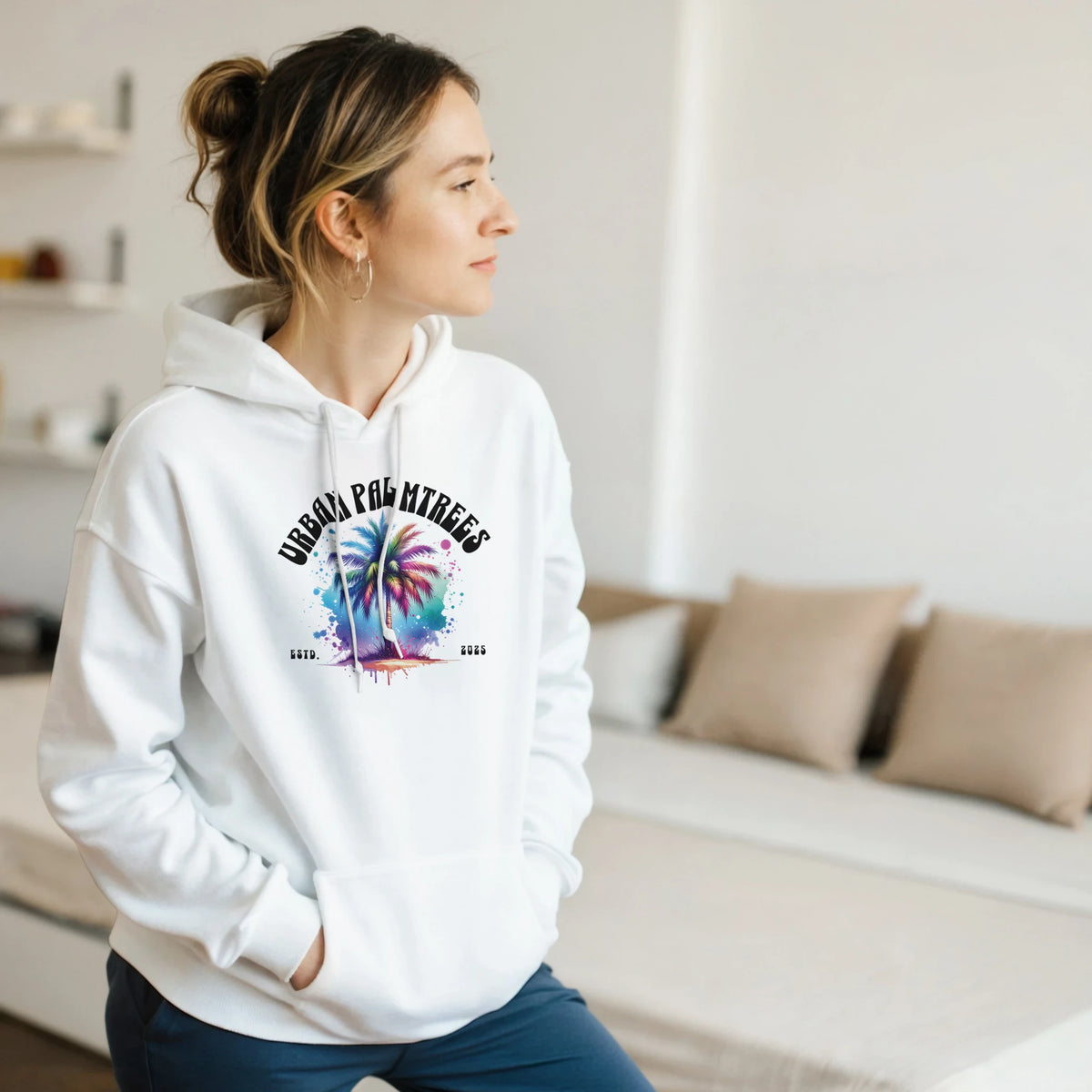 Urban Palm Trees Hoodie for women: white hoodie with colorful palm-tree graphic and front pouch pocket.