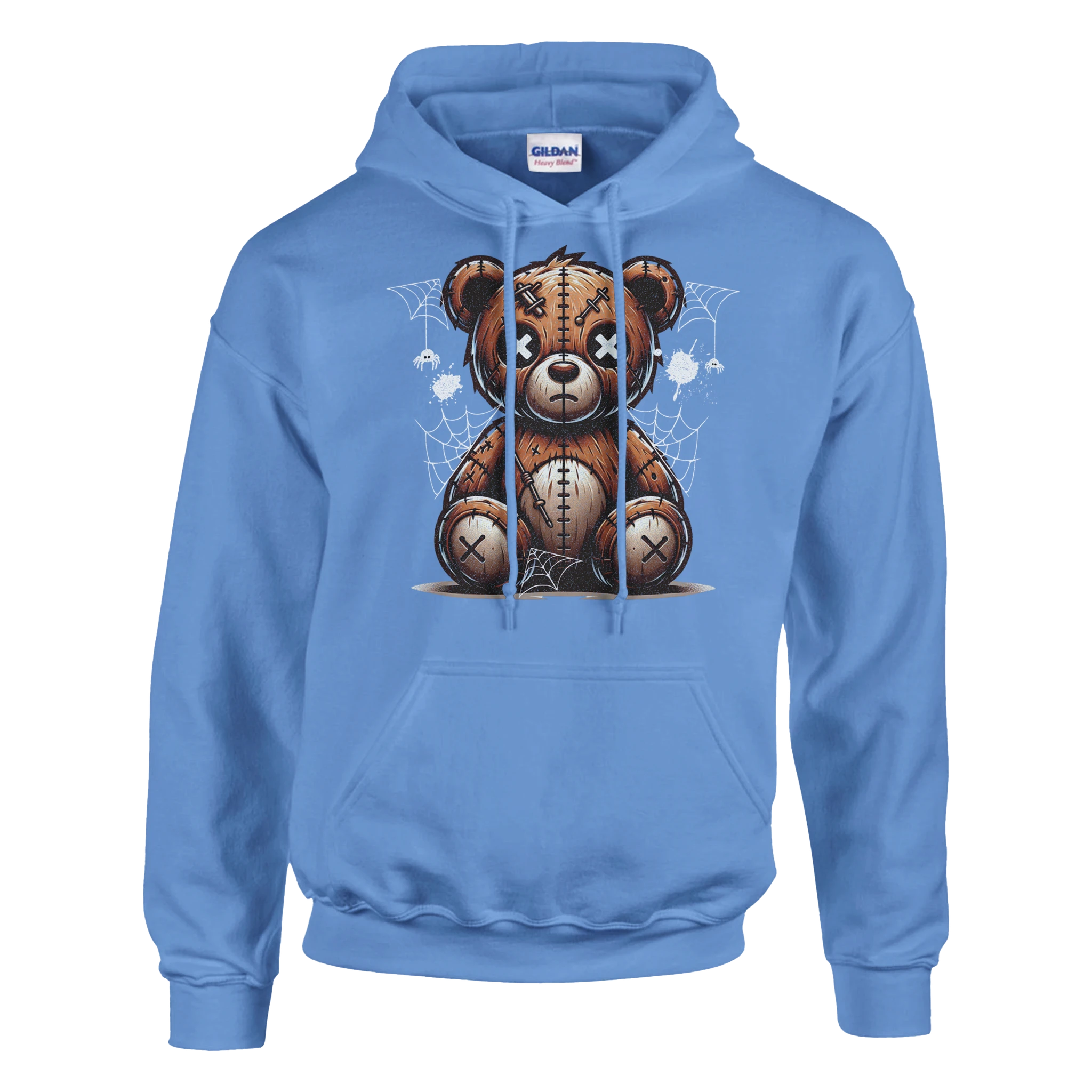 Men's stressed teddy bear hoodie in blue with a patchwork stitched bear graphic; 50/50 cotton-poly blend.