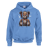 Men's stressed teddy bear hoodie in blue with a patchwork stitched bear graphic; 50/50 cotton-poly blend.