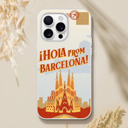Vintage postcard-style iPhone case with Barcelona skyline, Spain travel text, retro vibe, protective Flexi shell.