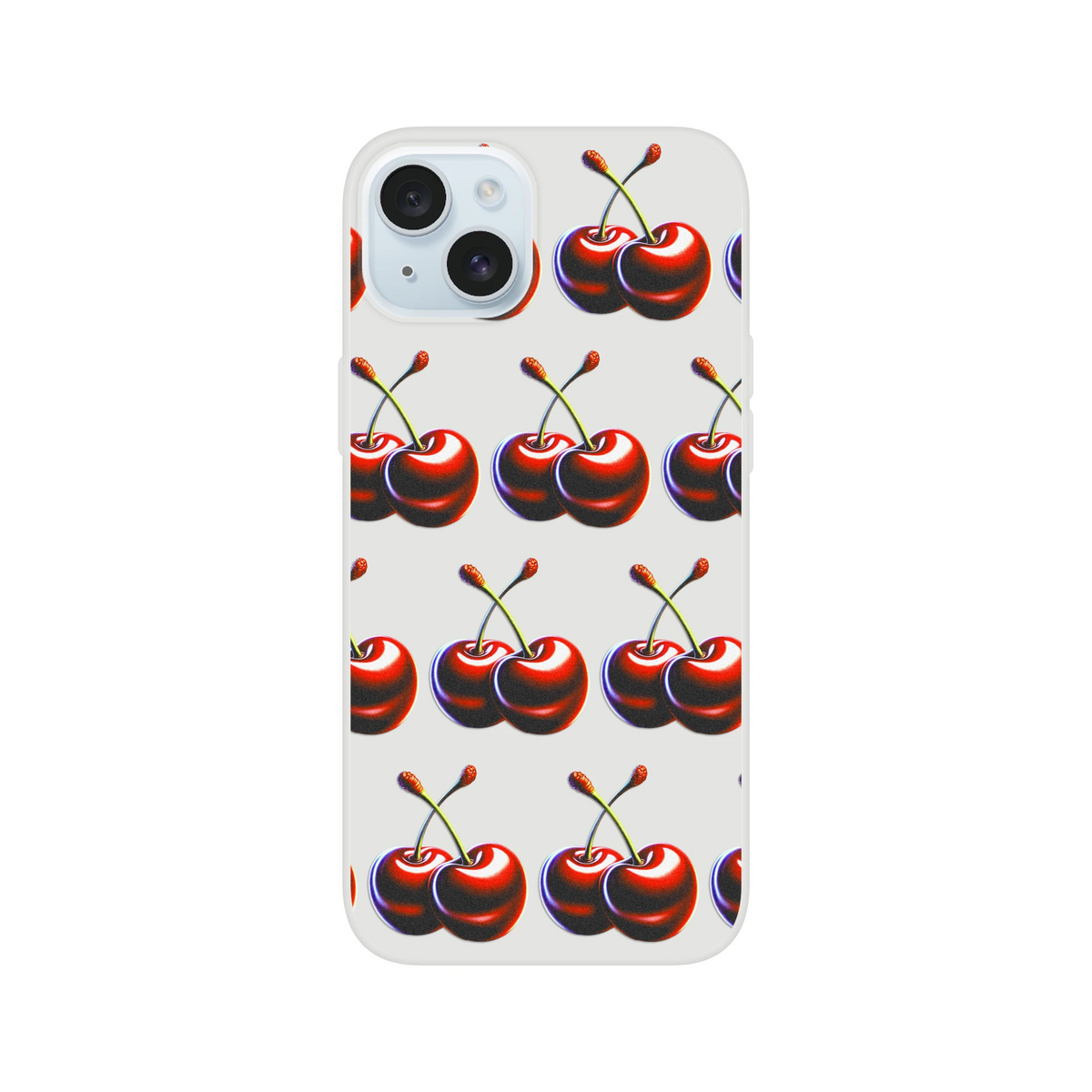 Cherries pattern slim clear phone case for iPhone 13-16, frosted transparent with durable protective layer.