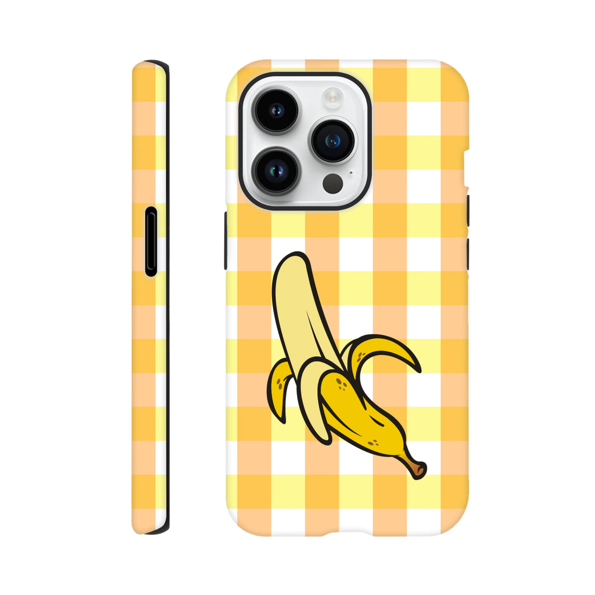Cute yellow gingham iPhone case featuring a peeled banana graphic. Trendy checkered tough cover for iPhone 13-16.