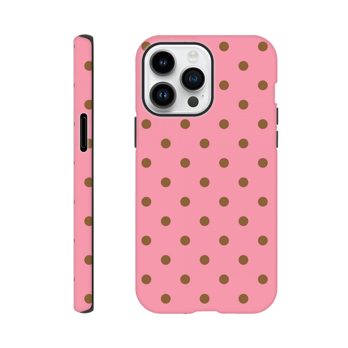 Pink & brown polka dot tough iPhone case featuring a cute glossy finish and shock-absorbing TPU protection for daily safety.