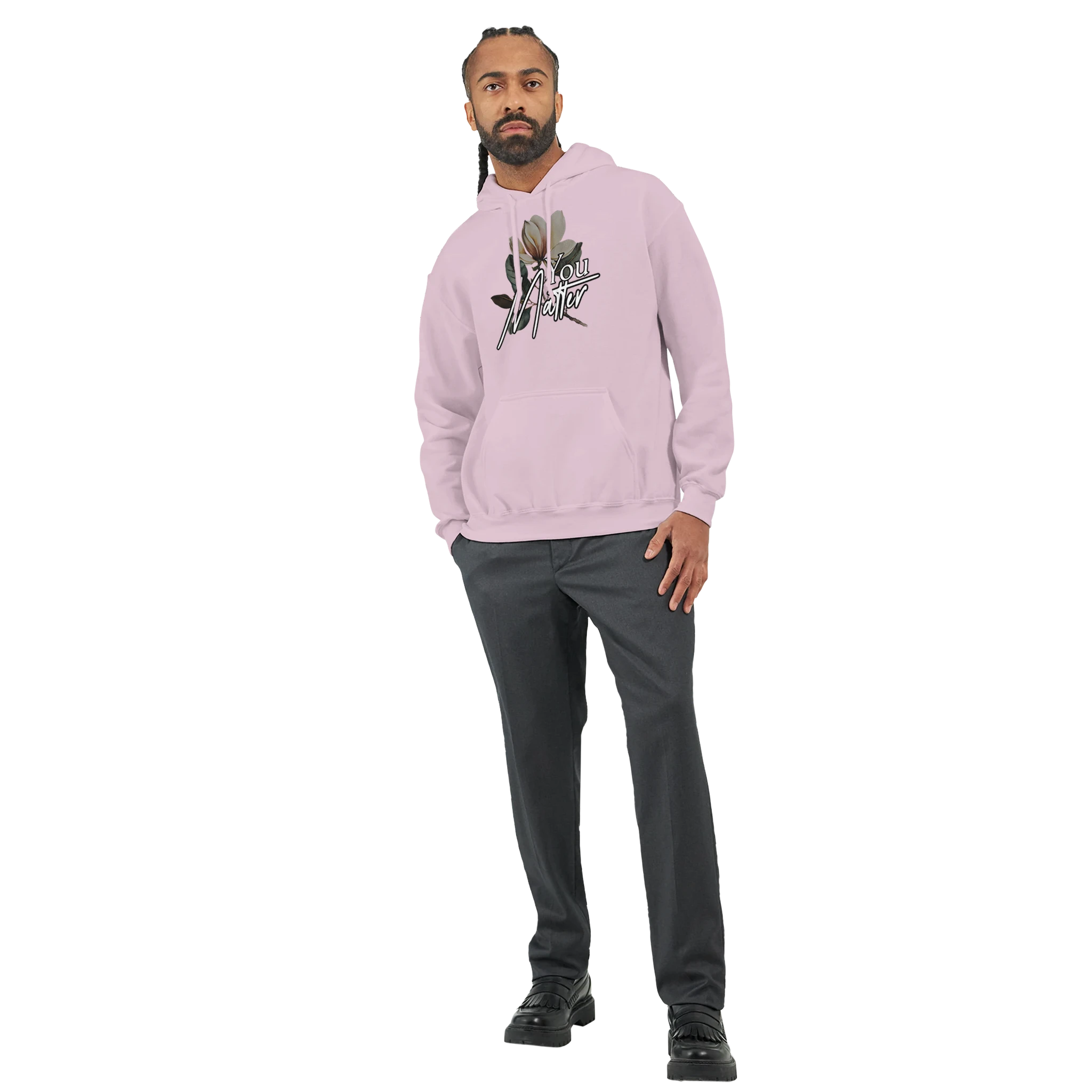 You Matter Slogan Jumper: men's graphic hoodie in soft cotton blend pink with front pouch pocket and hood