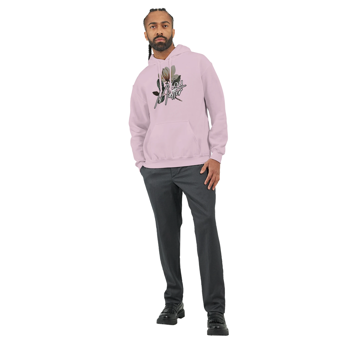 You Matter Slogan Jumper: men's graphic hoodie in soft cotton blend pink with front pouch pocket and hood