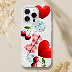Y2K sticker style iPhone case featuring disco balls, glossy red hearts, cherries, and a pink bow pattern on a clear shell.