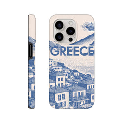 Vintage Greece Tough iPhone Case featuring a blue Mediterranean village illustration, bold text, and airmail stamp graphic.